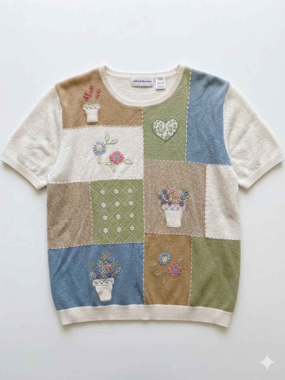 Vintage Cottagecore Patchwork Short Sleeve Knit Sweater - Alfred Dunner Large